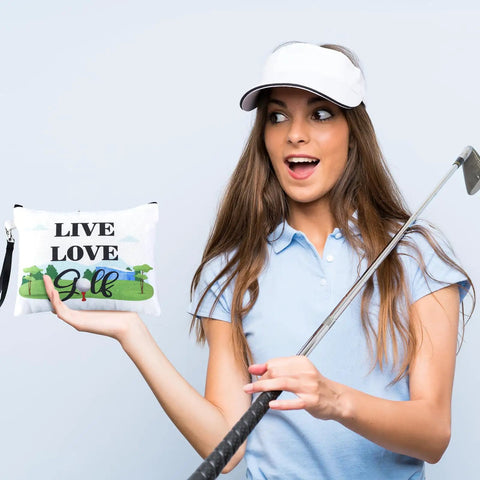 Woman holding club and 24 Pack Golf Pouch Bags Set In 12 Styles For Cosmetics, Toiletries, Phone, Headphones, And Keys, wristlet wallet organizer.