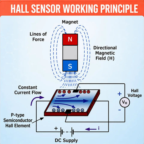 Top Shelf A3144 Hall Effect Sensor 3 Pin Magnetic Switch diagram showing working principle and circuit connections.