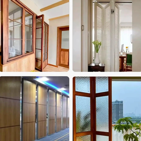 Heavy Duty Aluminum Sliding Door Track Kit For Bifold And Interior Partition Systems Featuring Knockout Durability And Silky Smooth Swivel Caster Rollers 10 Feet Long shown in various interior settings with sliding doors.