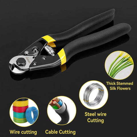 DISEN heavy-duty wire cutter pliers with safety lock, spring-loaded, black matte handles, 3/16 in capacity