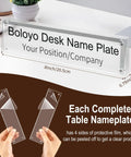 Acrylic Desk Name Plate Holder For Office 2x8 Inch Double Sided Block Clear Table Sign shown on a desk with protective film.