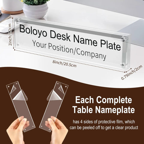 Acrylic Desk Name Plate Holder For Office 2x8 Inch Double Sided Block Clear Table Sign shown on a desk with protective film.