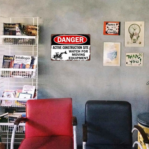 Active Construction Site Warning Sign Aluminum 8x12 Inch rustproof metal decor on gray wall in waiting area