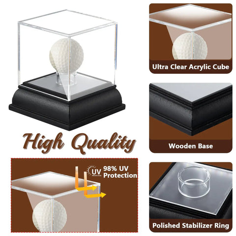 Lighted Golf Ball Display Case With UV Protected Clear Acrylic Cube And Wood Base For One Ball Memorabilia Dustproof Scratch Resistant Holder