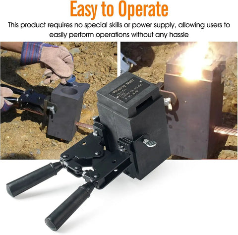 Exothermic Welding Mold Kit for 4/0 AWG Cable to 3/4 Inch Ground Rod in use on construction site with glowing mold.