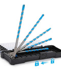 YEXEY 7-piece masonry drill bit set with blue-tipped tungsten carbide bits and hex shanks in a black plastic case