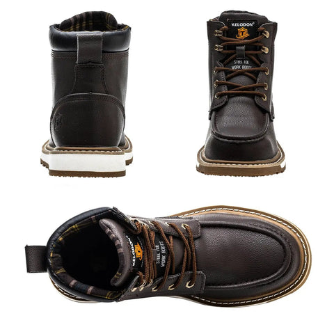 Waterproof Steel Toe Work Boots For Men 6 Inch Leather Moc Toe Non Slip Construction Safety Boots Size 14 Dark Brown Durable