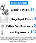 Mirdinner cabinet hinge set: 24 stainless self-closing hinges, 132 mounting screws, 6 repair plates, 24 bumpers.