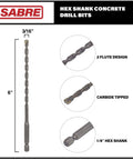 Sabre 3/16 in x 6 in carbide-tipped masonry drill bit set, 5-pack, 1/4 in hex shank (front view).