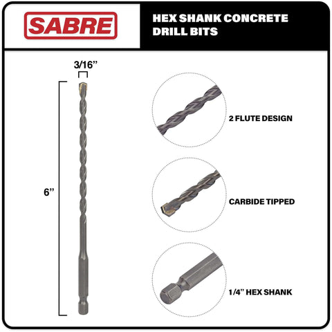 Sabre 3/16 in x 6 in carbide-tipped masonry drill bit set, 5-pack, 1/4 in hex shank (front view).