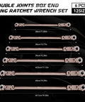 Image of Upgraded Double Jointed Extra Long Flex Head Ratchet Wrench Set 6-Piece Metric 8-19mm Box End Tool, displayed in a flat layout with size labels.