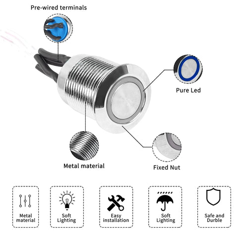 16mm Chassis Push Button Power Switch With LED For ATX PC DIY Build, Metal Desktop Host Button With 1.6ft Cable diagram