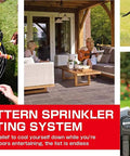 Collage of BBQ, outdoor seating, dog playing, and Multi Pattern Sprinkler Plus Misting System operational in garden