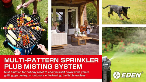 Collage of BBQ, outdoor seating, dog playing, and Multi Pattern Sprinkler Plus Misting System operational in garden