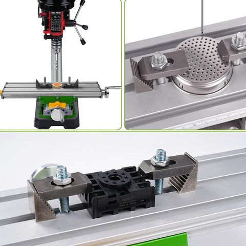 Cross Slide Milling Table With X-Y Axis Precision, Dovetail Grooves, And M10 Screw on a mini drill press, pro grade aluminum.