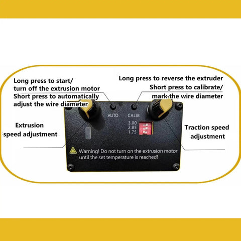 Control panel of the Straight Up Game Changer 3D Printer Filament Recycler Machine featuring speed adjustments and calibration options.