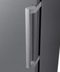 Large 11 Cubic Foot Convertible Upright Freezer And Fridge Flip Featuring Even Airflow And Reversible Door Design Energy Star Certified Stainless Steel Construction close-up of stainless steel door handle.