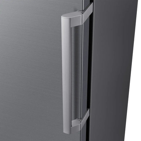 Large 11 Cubic Foot Convertible Upright Freezer And Fridge Flip Featuring Even Airflow And Reversible Door Design Energy Star Certified Stainless Steel Construction close-up of stainless steel door handle.