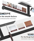 Image showing No Drill Under Cabinet Paper Towel Holder With Self Adhesive Wall Mount detailing adhesive and screw installation options.