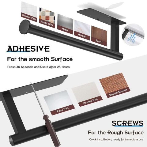 Image showing No Drill Under Cabinet Paper Towel Holder With Self Adhesive Wall Mount detailing adhesive and screw installation options.