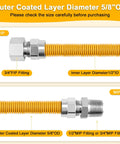 72 Inch Flexible Gas Line Kit Yellow Coated Stainless Steel Gas Hose With Five Eighths Outside Diameter And One Half Inside Diameter Includes Half FIP Adapters, Three Quarter MIP Adapters, And Half MIP Adapters For Dryer Stove Water Heater showing FIP and MIP fittings