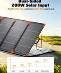 Portable Power Station 2800W With 200W Bifacial Solar Panel on grass showing dual-sided solar input and efficiency graph