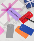 Colorful tags with eyelet holes for labeling, featuring "Happy birthday" and "Lucky day" text, part of 200Pcs Must Have Pink Waterproof Writable Eyelet Hole Plastic Tags With Wires Assortment Kit For Labeling Luggage Storage Bins Craft Projects Office Organization Tote And Backpack Tags Hanging Tag Labels.