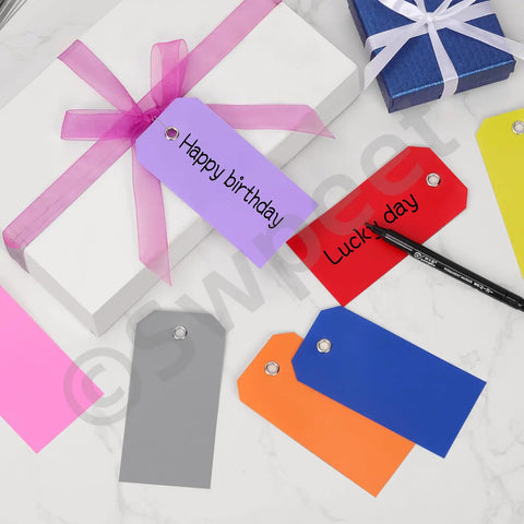 Colorful tags with eyelet holes for labeling, featuring "Happy birthday" and "Lucky day" text, part of 200Pcs Must Have Pink Waterproof Writable Eyelet Hole Plastic Tags With Wires Assortment Kit For Labeling Luggage Storage Bins Craft Projects Office Organization Tote And Backpack Tags Hanging Tag Labels.