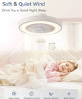 20 Inch Low Profile Bladeless Ceiling Fan With Dimmable LED Light And Adjustable Brightness blowing soft air in a cozy bedroom.