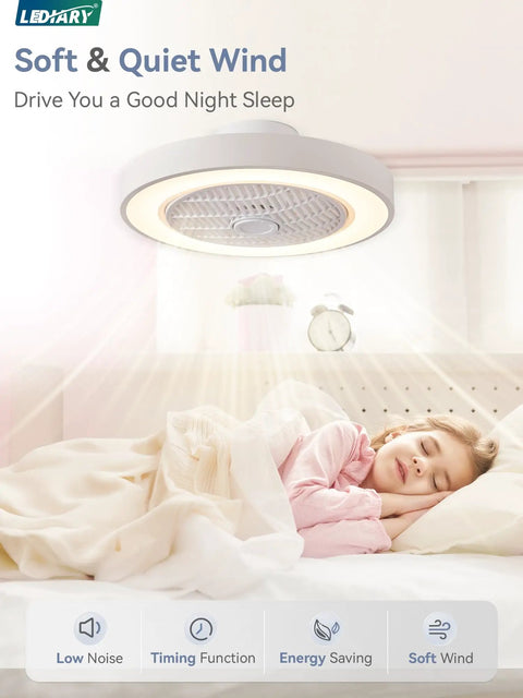 20 Inch Low Profile Bladeless Ceiling Fan With Dimmable LED Light And Adjustable Brightness blowing soft air in a cozy bedroom.
