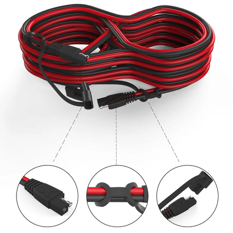 Go To 25 Foot SAE Extension Cable With Quick Disconnect Connector, 16 AWG copper wire, red and black, coiled with close-up connectors