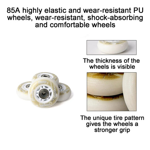 Close-up of 85A PU wheels for adjustable inline roller skates for kids and grownups with storage bag, showing strong grip.