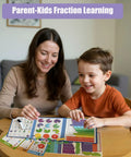 Hands-On Fraction Learning Kit With Tiles For Elementary Math Fun Demonstration Set on table with parent and child smiling