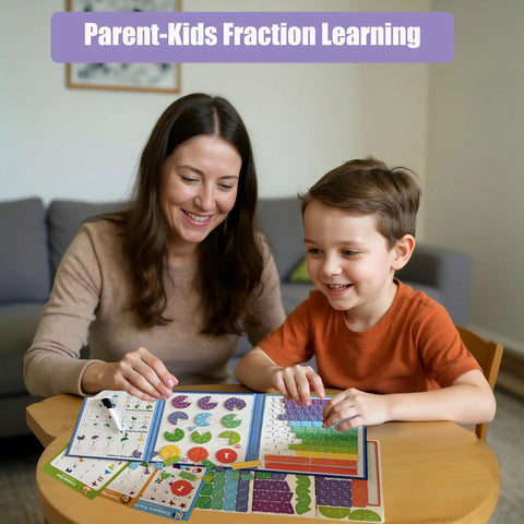 Hands-On Fraction Learning Kit With Tiles For Elementary Math Fun Demonstration Set on table with parent and child smiling