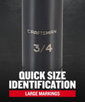Heavy Duty Half Inch Drive 6-Point Deep Impact Socket SAE Three Quarter Inch with quick size markings, black oxide finish.