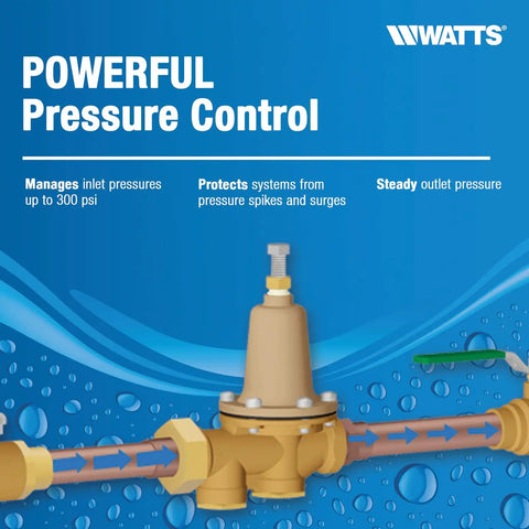 Bronze High Capacity Water Feed Regulator for Boiler and Hydronic Systems illustration detailing inlet and outlet pressure control.