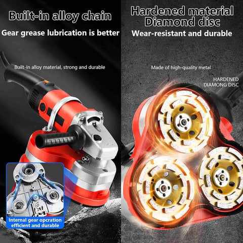 Heavy Duty Electric Concrete Grinder With Variable Speed Control And Side Handle For Quick Floor Resurfacing and 90 Degree Corner Scraping Dust Extractor Hookup Ready Rig For Top Shelf Results with alloy chain and diamond disc.