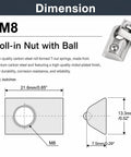 30 Piece M8 Spring T Nuts For 4040 Aluminum Extrusion Profiles dimension chart, nickel plated design with ball, 21.6mm x 13.3mm sizing.