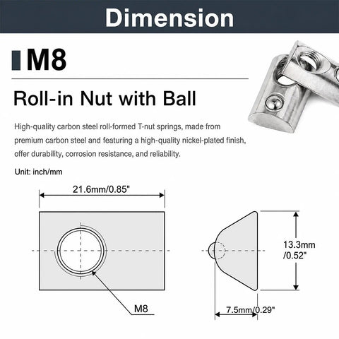 30 Piece M8 Spring T Nuts For 4040 Aluminum Extrusion Profiles dimension chart, nickel plated design with ball, 21.6mm x 13.3mm sizing.