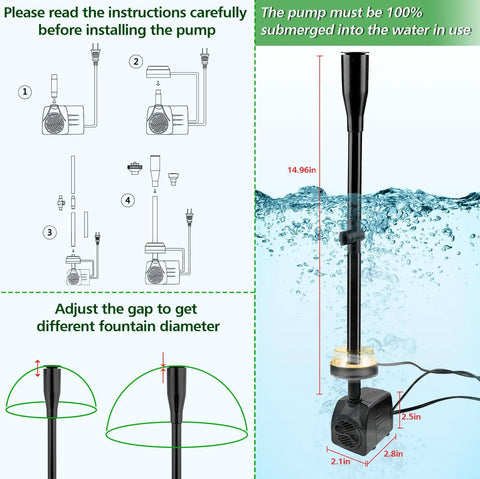 Submersible Pond Fountain Pump 15W 800L/H With LED Lights assembly guide and submersion diagram