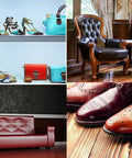 Collage of leather products including bags, shoes, chairs, and a couch, ideal for Leather Refinish And Restore 4 Oz Jar For Furniture Leather Repair And Color Renewal.