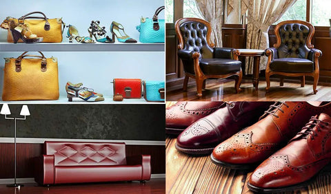 Collage of leather products including bags, shoes, chairs, and a couch, ideal for Leather Refinish And Restore 4 Oz Jar For Furniture Leather Repair And Color Renewal.