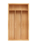 Compact Bamboo Kitchen Drawer Organizer Grooved Slots Keep Silverware Utensils Flatware with three compartments on top shelf.