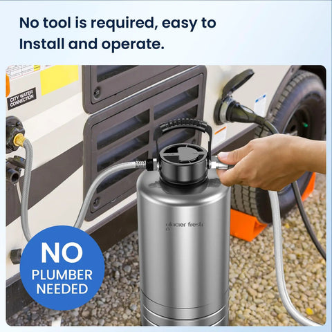 Installation of Portable RV Water Softener 16,000 Grain with Stainless Steel Tank and Garden Hose Quick Connects