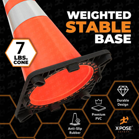 Orange 28 Inch Traffic Cones With 6 Inch And 4 Inch Collars Four Pack Heavy Duty Rugged PVC Safety Cones For Parking Soccer Caution Construction Kids DOT Approved.