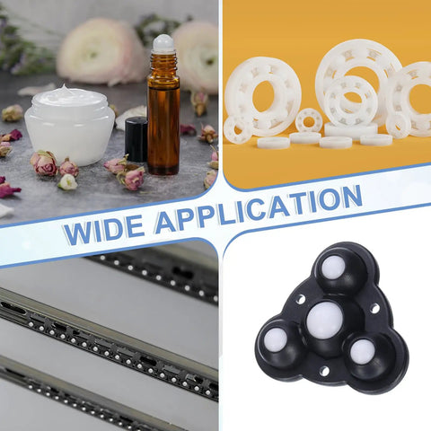 25 Piece Set Polypropylene Bearing Balls 14mm Red Plastic Rollers G2 Precision Frosted Finish shown in various applications.