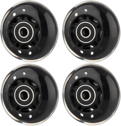 Set of four 64mm inline skate wheels 82A with ABEC 9 beefy bearings for rollerblade and more smooth ride for skates and projects.