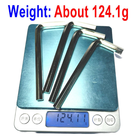 Four Piece One Quarter Inch Allen Wrench Set on scale, weight 124.1g, Long Arm L Shaped Hex Keys, Chrome Vanadium Steel, DIY Tool Kit
