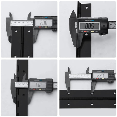 2-pack black stainless piano hinges, 2 in open width x 20 in with holes; collage shows front, side, and close-up views.