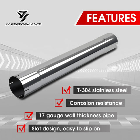 4 Inch Stainless Steel Muffler Replacement Pipe Drop In Straight Exhaust Tube 30 Inch Length T304 17 Gauge Wall Rust Resistant Polished Finish displayed with features.